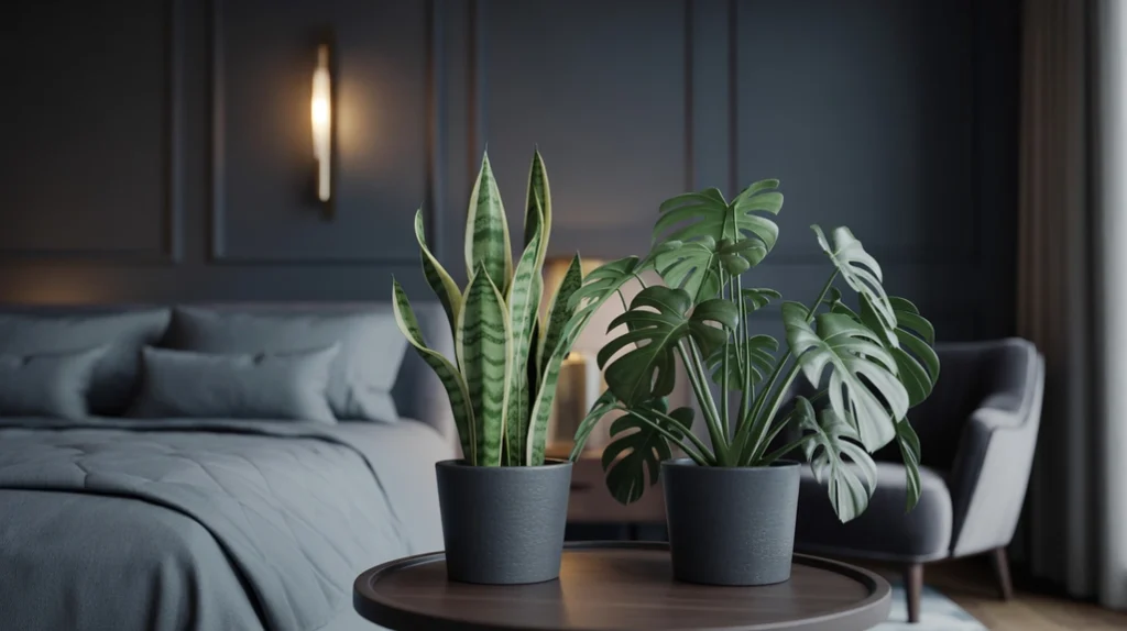 Moody bedroom with indoor plants in dark ceramic pots for natural freshness.