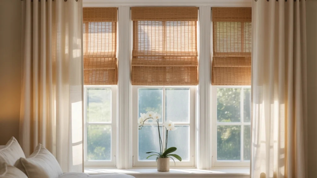 Cozy warm bedroom ideas with layered window treatments, including bamboo shades