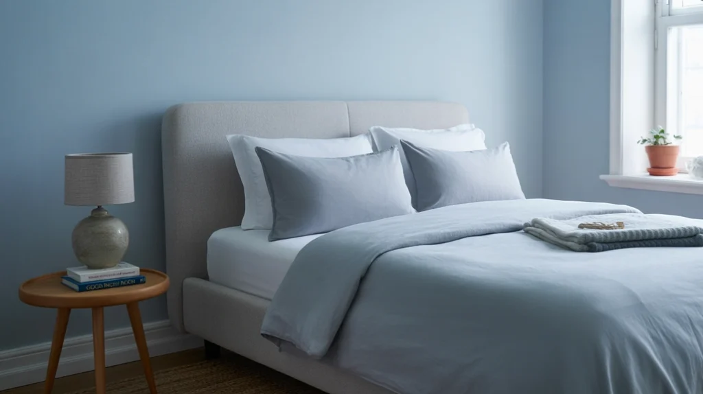 Quick bedroom refresh with a light blue bedding set, quilt, and striped pillows.
