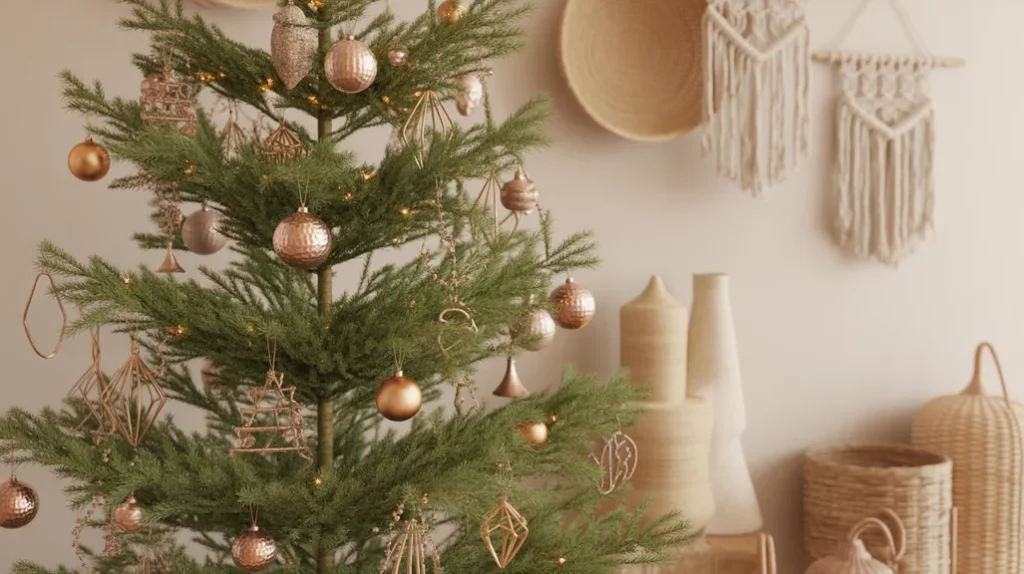 Copper and bronze ornaments for modern boho holiday decor.