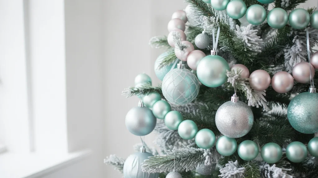 Mint and silver pastel Christmas decorating color scheme with frosted ornaments and cool winter tones.