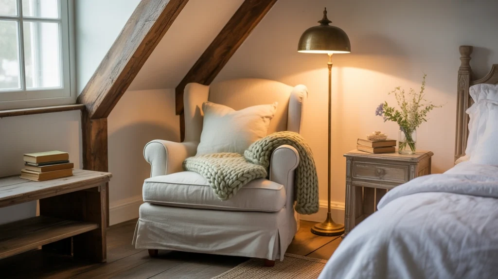 Modern farmhouse bedroom ideas with cozy reading nook, rustic chair, and throw blanket.