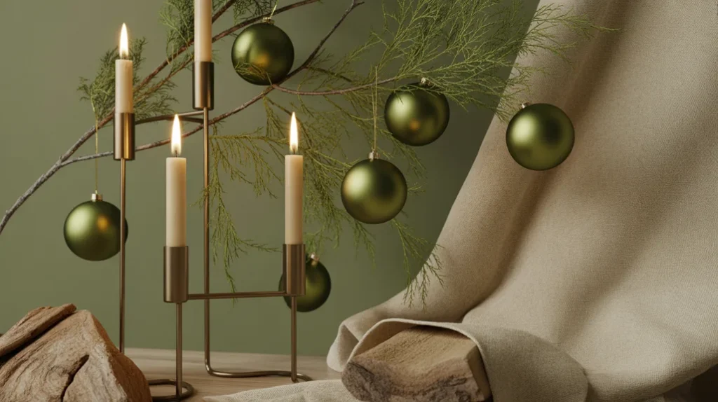 Olive and bronze Christmas color scheme with bronze candleholders and olive ornaments for earthy modern holiday charm.