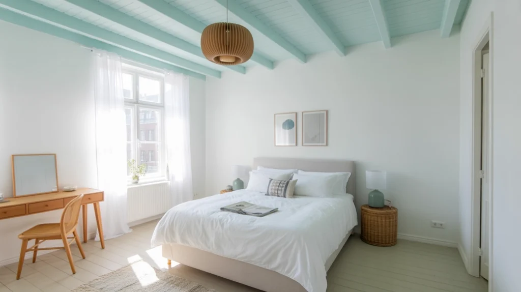Pale blue painted ceiling with white walls creating an airy relaxing Scandinavian bedroom look.