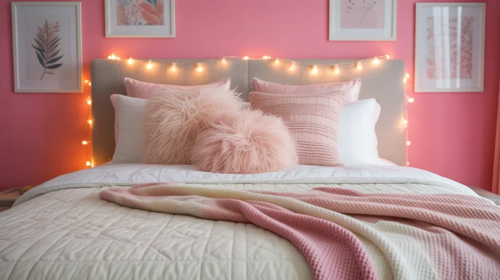 Teen girl pink bedroom with fairy lights and creative wall art