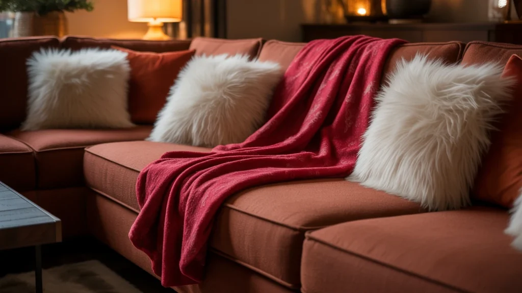 cozy living room sofa styled with red throws, white fur pillows, and warm lights for a comfortable christmas look.