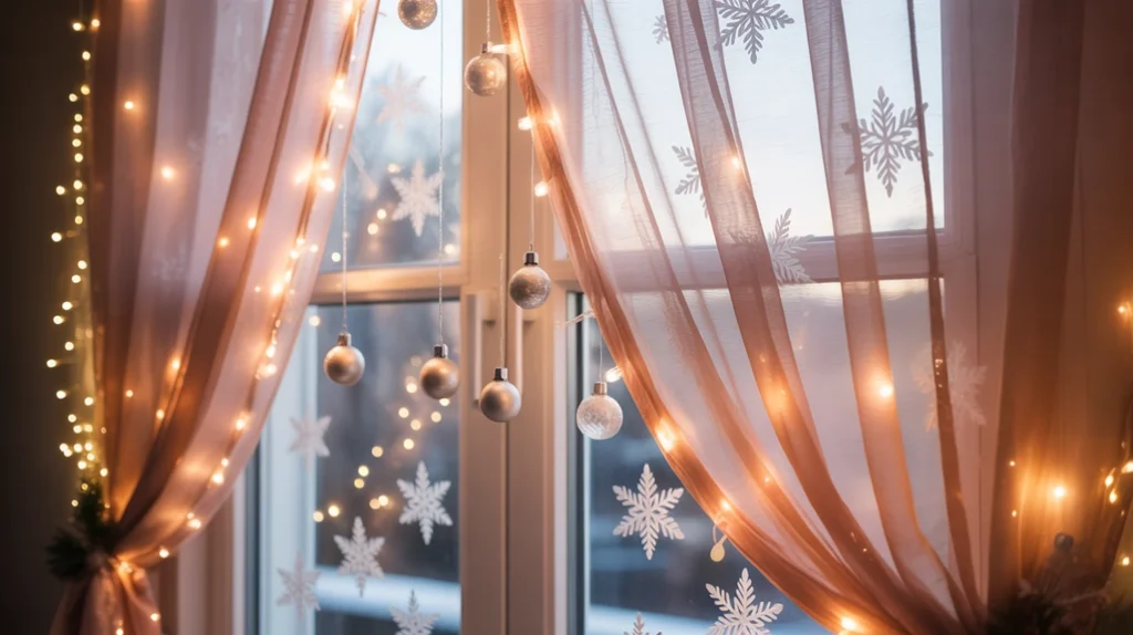 Romantic window decor with sheer blush curtains, glowing fairy lights, and hanging glass ornaments.