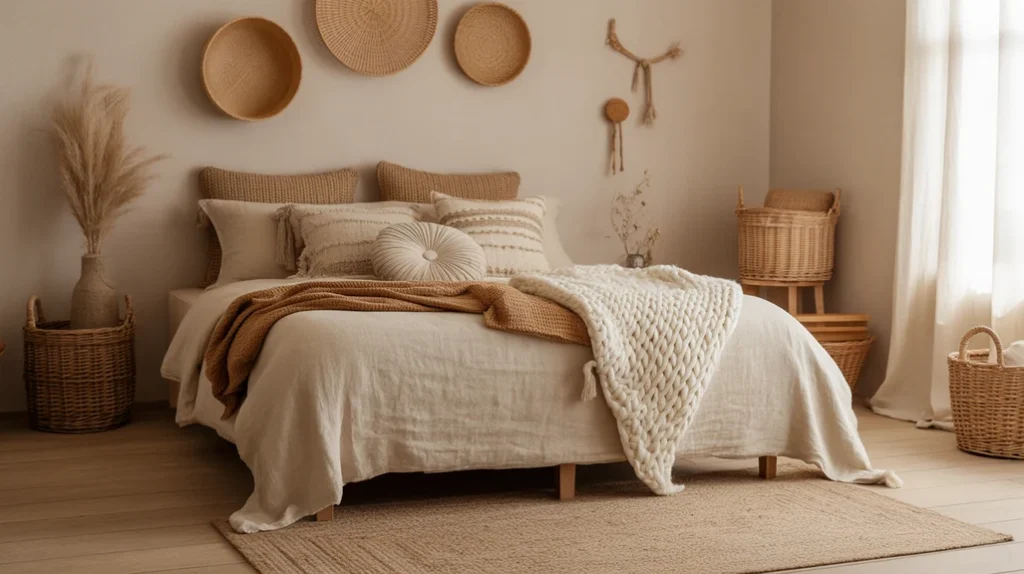 Rustic bedroom woven texture decor with jute rug, wicker basket, and wall art