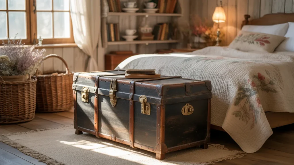 Rustic farmhouse bedroom décor with rustic trunk and farmhouse baskets.