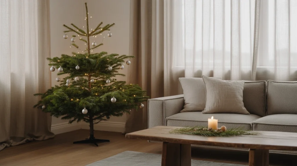 Scandinavian modern Christmas living room with white walls, wood textures, and cozy festive touches.