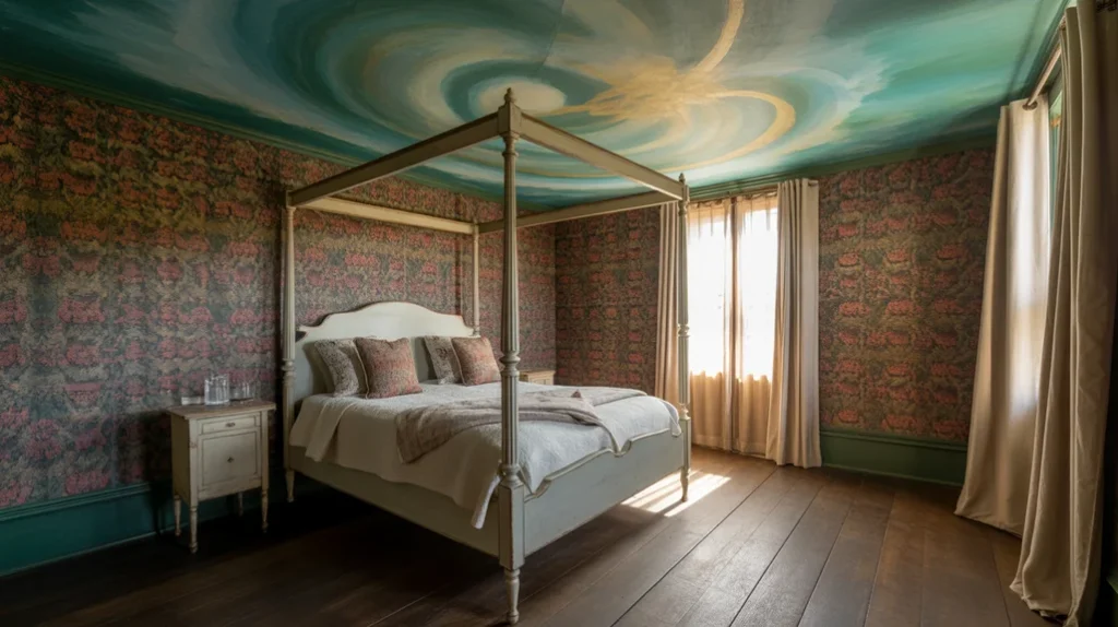 Maximalist bedroom with bold velvet headboard as a focal point.