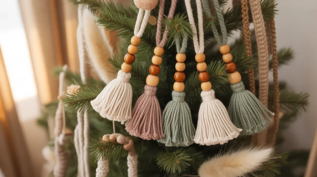 “boho tassel and wooden bead ornaments for handmade Christmas trees”