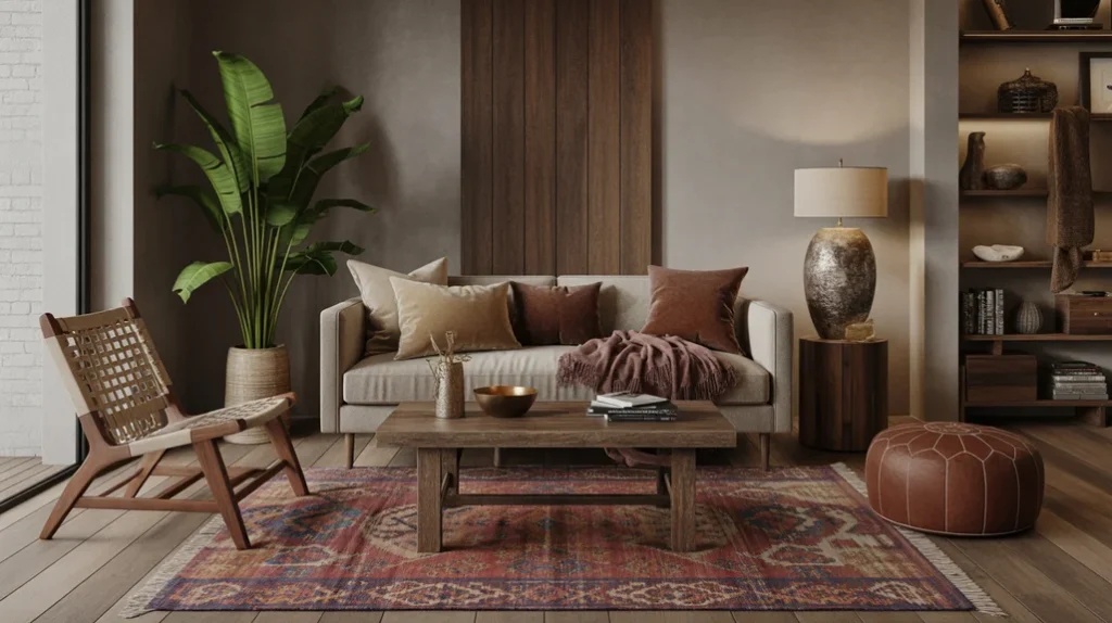 Textural paradise with leather ottoman, woven chair, and layered boho fabrics.”