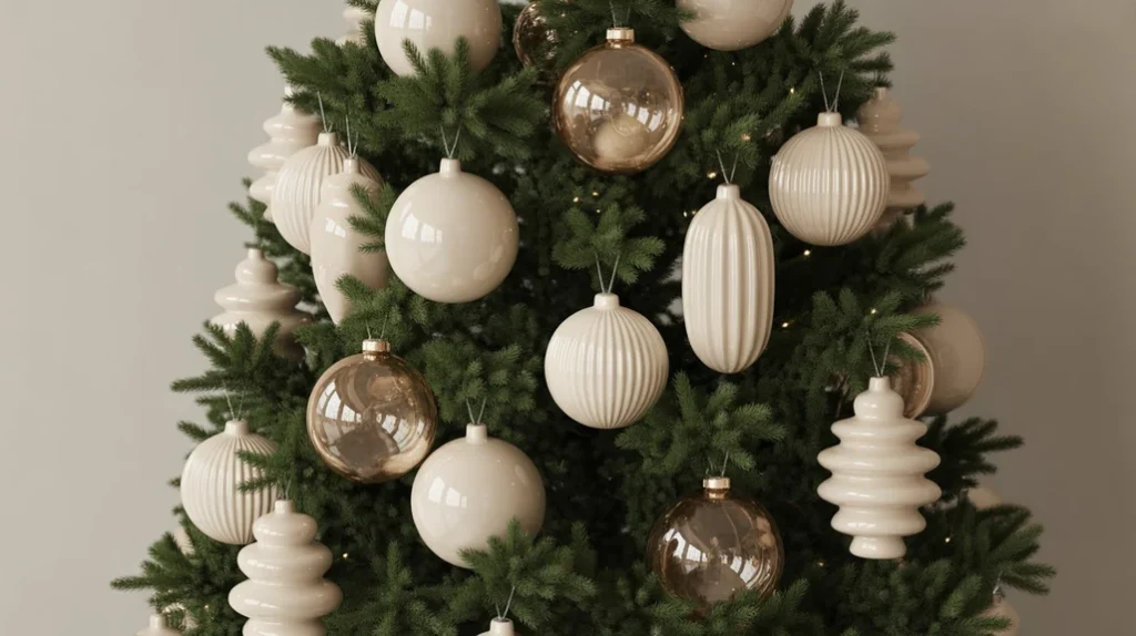 Ivory and ceramic baubles in different textures creating visual depth in modern Christmas decor.