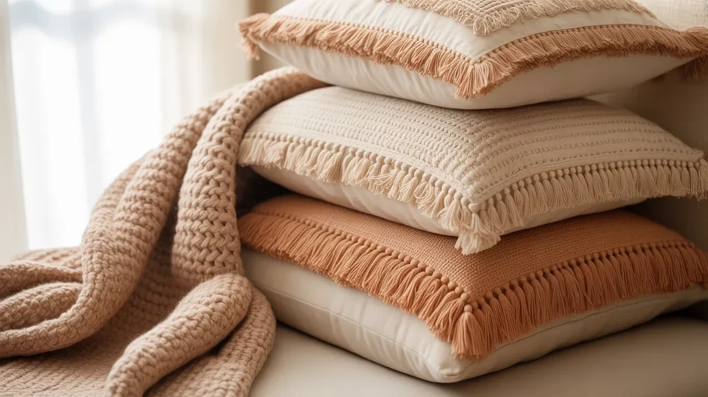 Close-up of layered boho pillows, tassel edges, crochet blanket, warm neutral palette”
