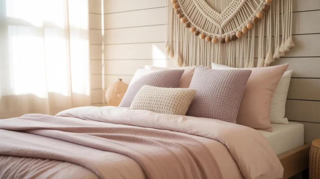 Textured walls with macramé and soft colors creating depth in eclectic bedroom design ideas.