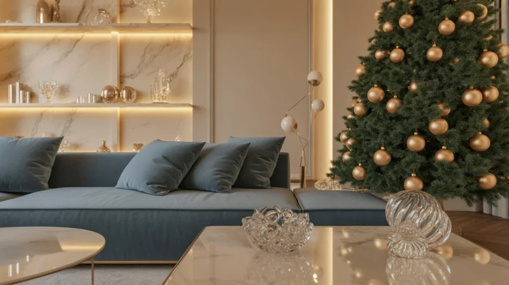 elegant dusty blue and champagne gold Christmas living room with crystal candleholders and soft festive lighting.