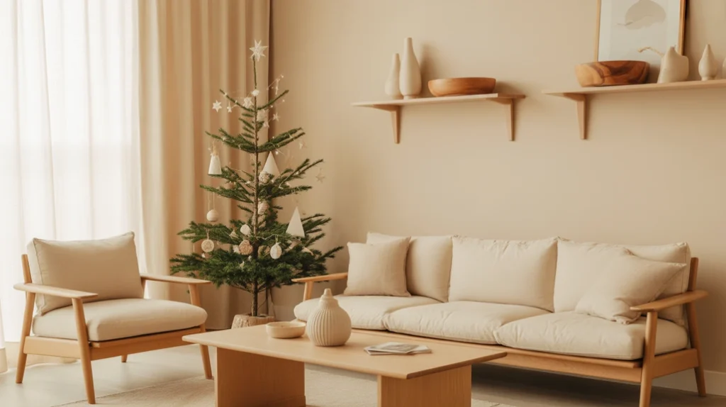 Scandinavian birch and cream Christmas theme — cozy minimalist decor with organic wood and linen textures.
