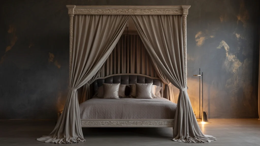 Canopy bed draped with sheer black fabric creating a private, dreamy romantic retreat.