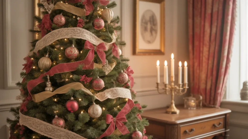 Vintage-inspired crimson and brushed gold Christmas tree with lace ribbons and antique ornaments in a Victorian-style room.