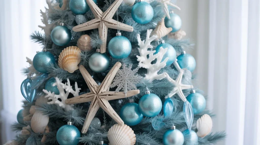 Ocean blue and silver Christmas tree with aqua glass ornaments, driftwood décor, and white coral accents for coastal holiday charm.