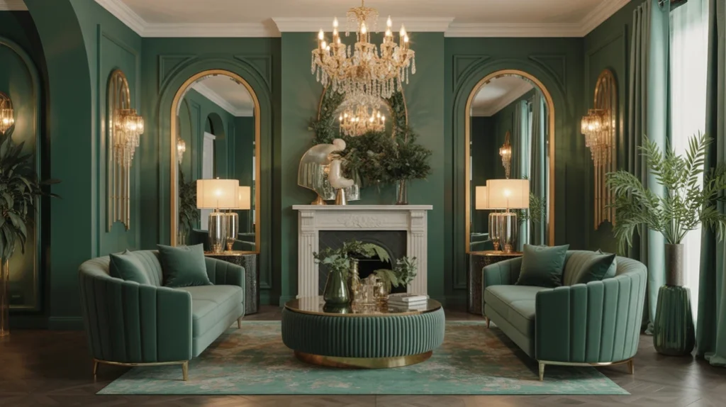 Peacock-green and gold Christmas décor with crystal lighting and velvet accents for a glamorous festive vibe.