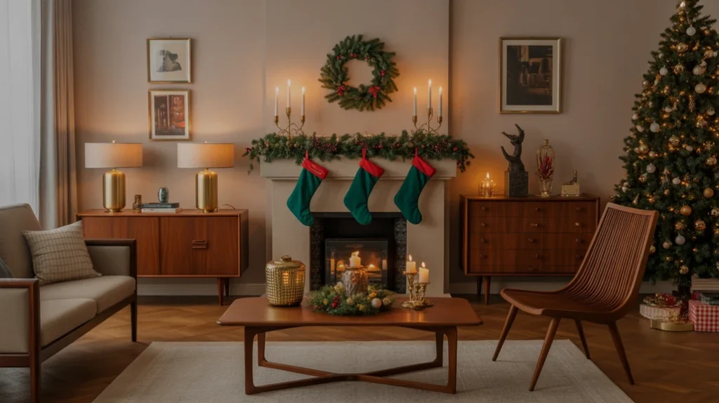 Teal-and-Brass — Mid-century Christmas design with teal and brass color palette and warm amber lighting