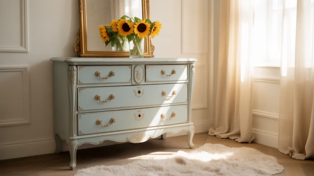 Powder blue dresser bringing style to a classic cream and blue bedroom design.