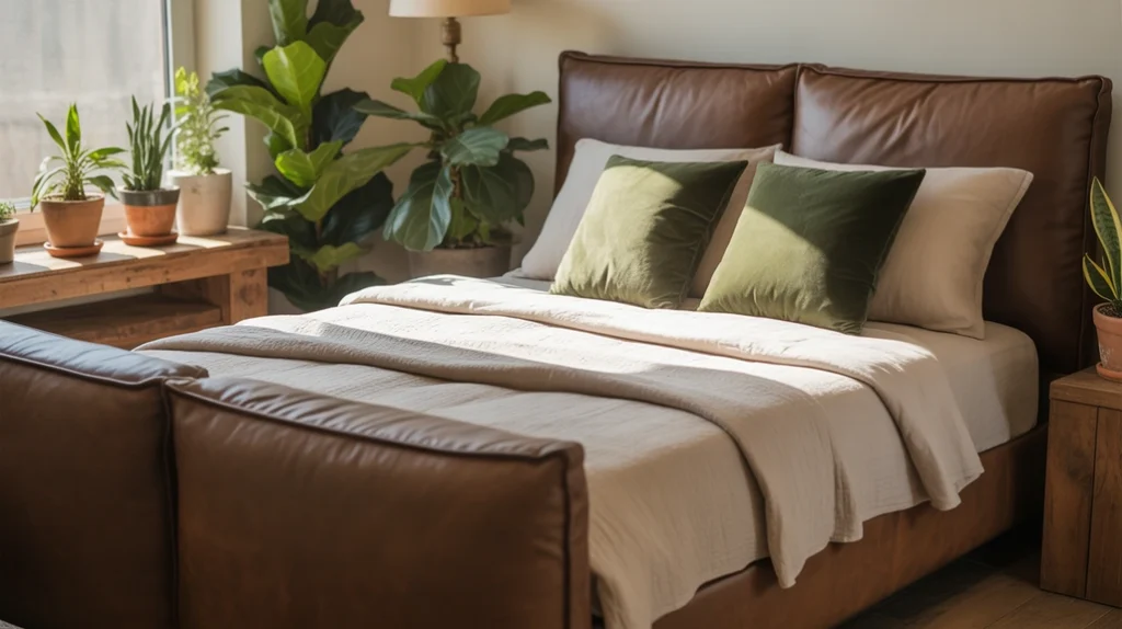 Brown bedroom with green plants and natural earthy decor accents