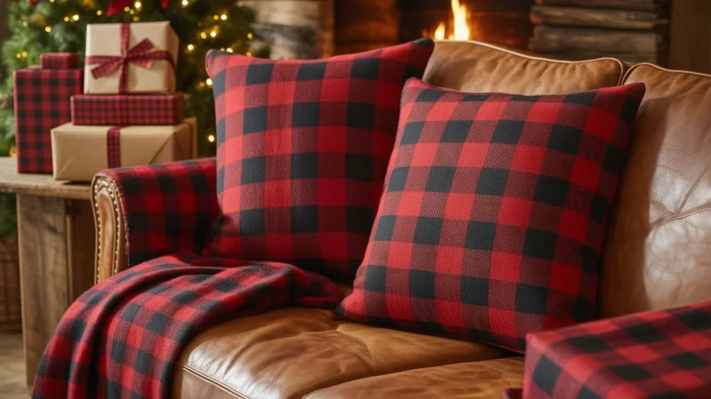 Buffalo check plaid Christmas decor with red and black tartan pillows and rustic holiday tree