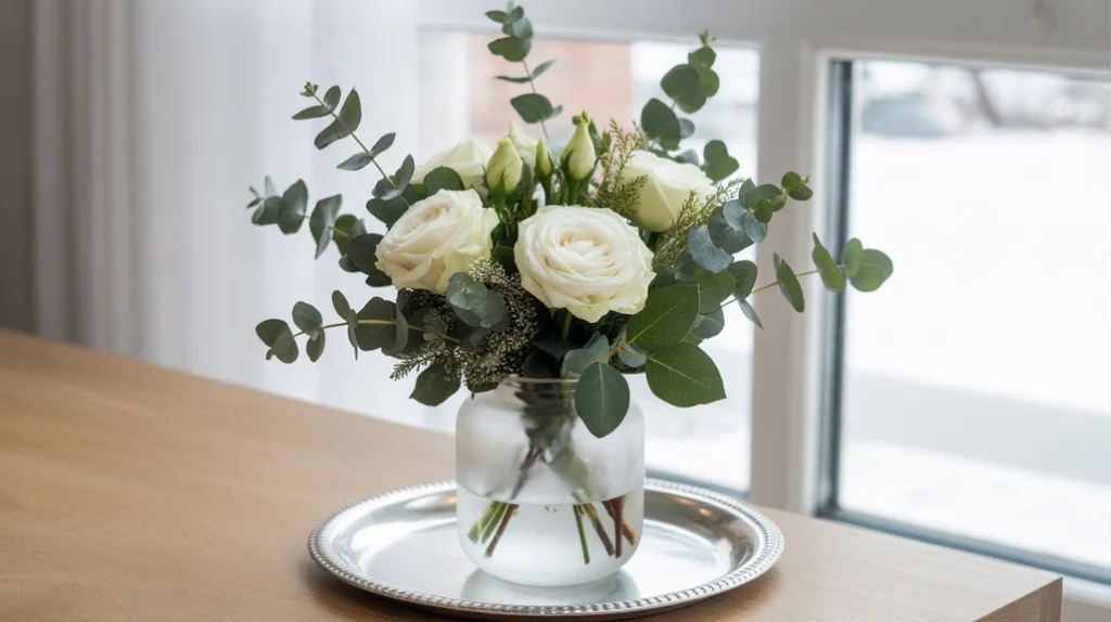 Frosted glass lanterns and glowing candles adding cozy warmth to winter décor