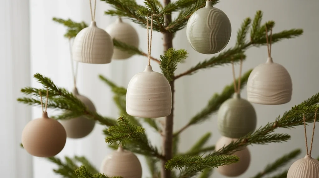 Close-up of ceramic ornaments in neutral tones on a minimalist Christmas tree — handmade artisan detail.