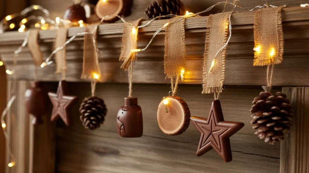 Dark mocha brown and golden fairy lights rustic Christmas decor with wood ornaments and burlap ribbons.