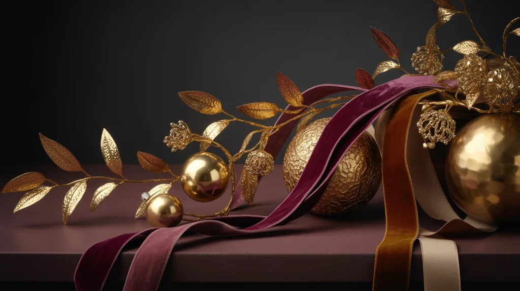 deep plum and gold christmas decor theme with velvet ribbons and golden ornaments creating regal festive appeal.