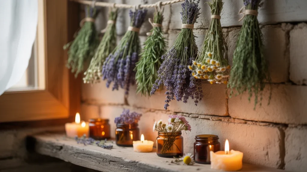 Dried herbs and flowers hanging in rustic witchy bedroom.