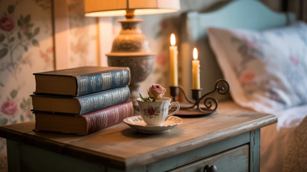 Final farmhouse bedroom styling with rustic lamp, candles, and farmhouse accessories.