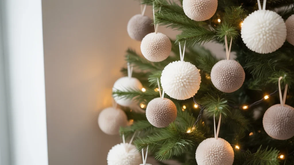 “DIY faux fur pom-pom ornaments for cozy winter Christmas decor”