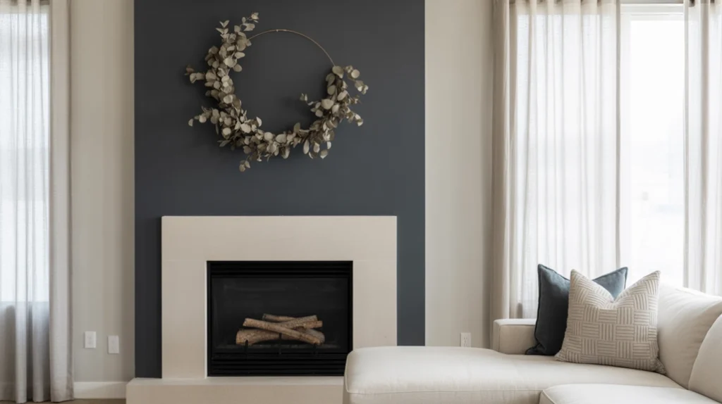 Modern living room with dark fireplace wall, minimalist wreath, and geometric holiday decor.