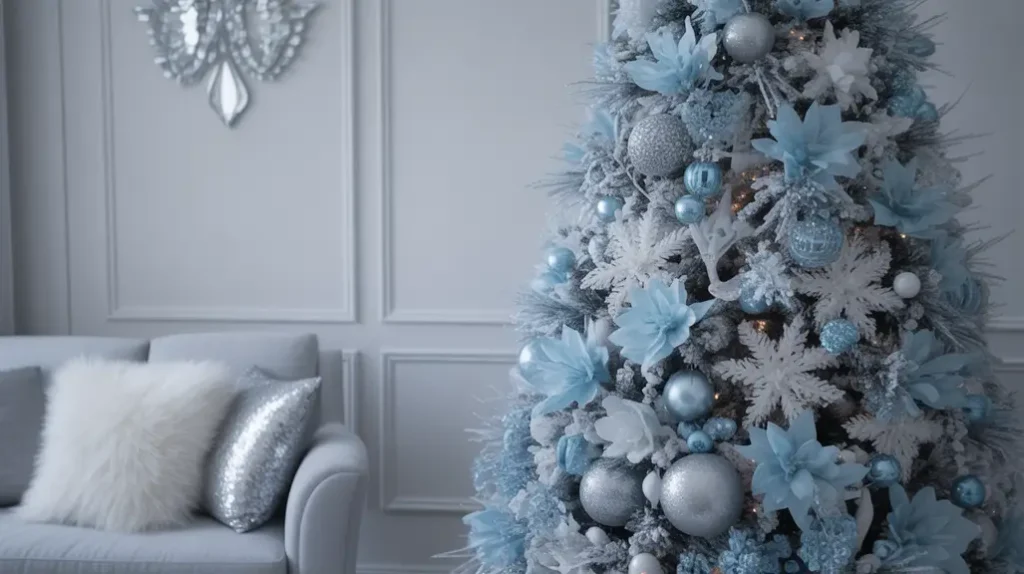 Ice-blue and silver Christmas decor capturing a frozen winter look—luxurious, modern, and photogenic for holiday interiors.