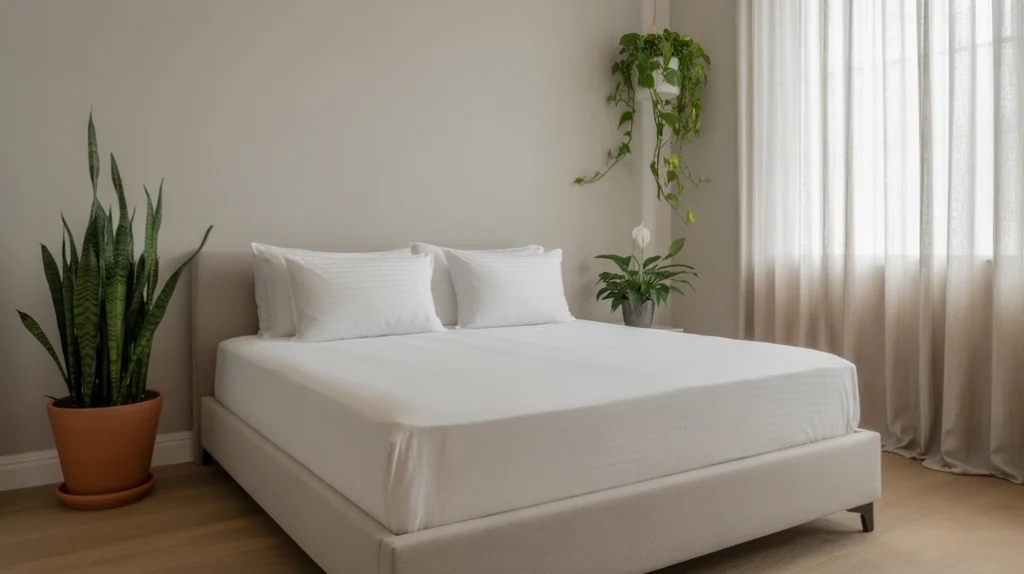 Bedroom decorated with indoor plants such as snake plant and peace lilies for a natural touch.