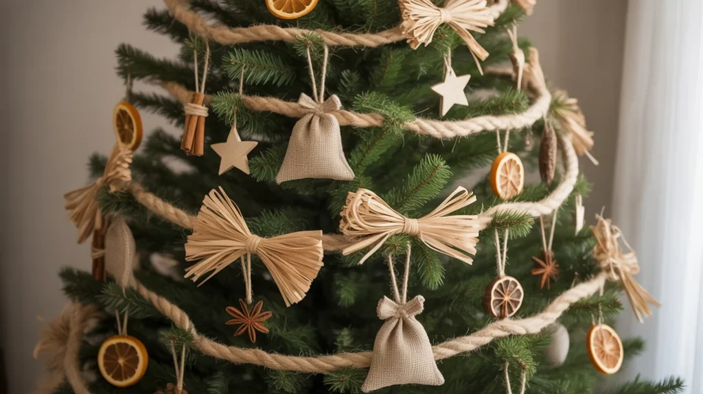 Jute and twine details on a rustic boho Christmas tree.