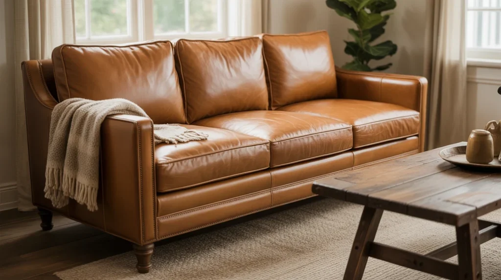 Warm-toned leather sofa paired with rustic wooden accents in a farmhouse design.