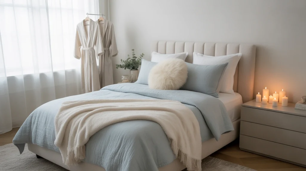 Stylish light blue and gray bedroom with minimalist furniture and calming décor.