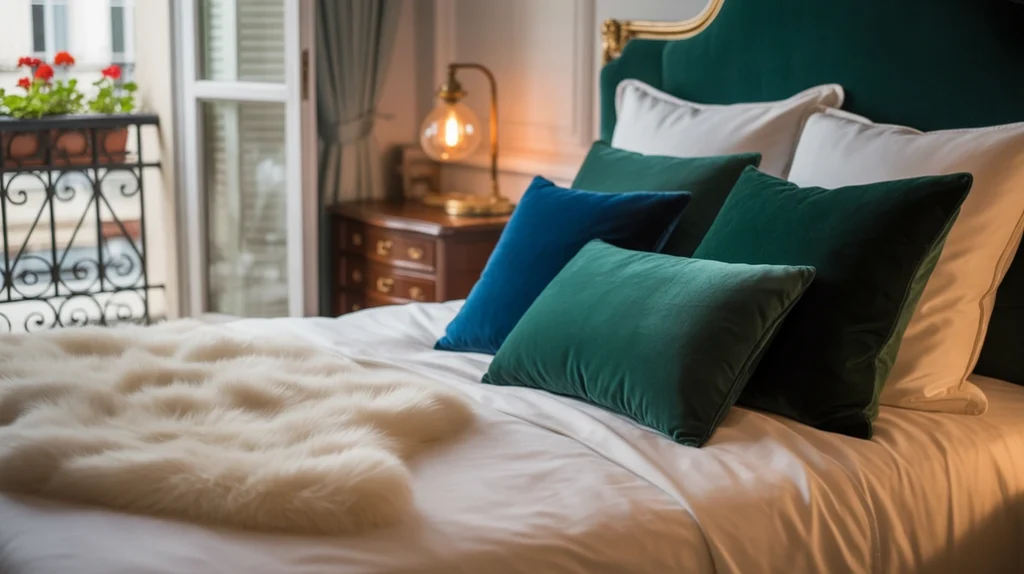 Romantic bedroom layered with luxurious fabrics like silk, velvet, and fur.