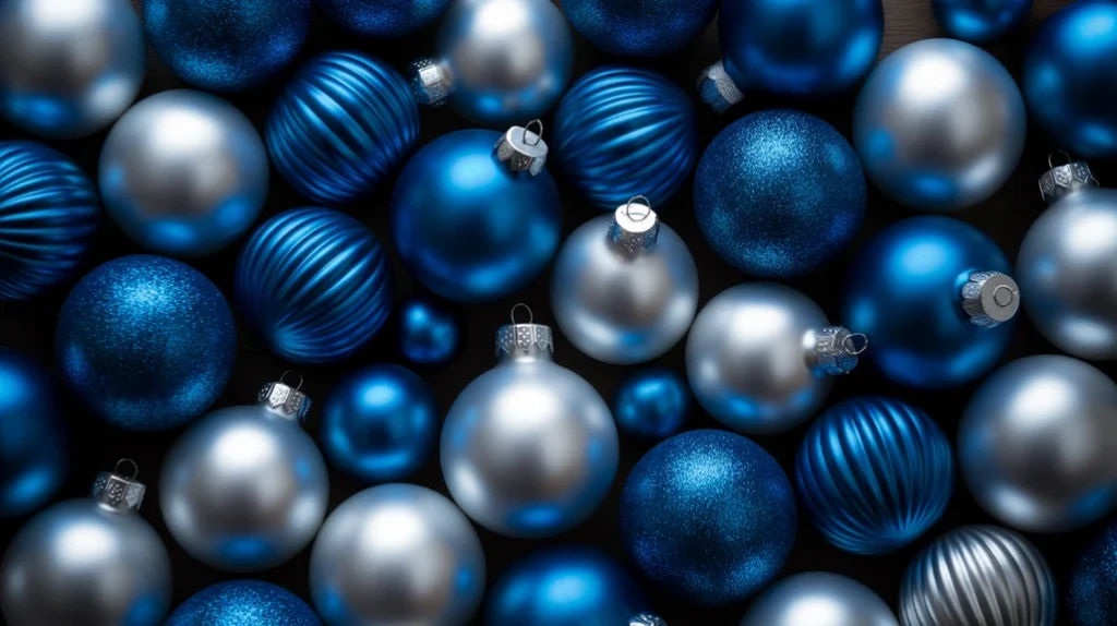 Flat-lay of matte, glossy, and frosted silver and blue ornaments for modern Christmas styling.