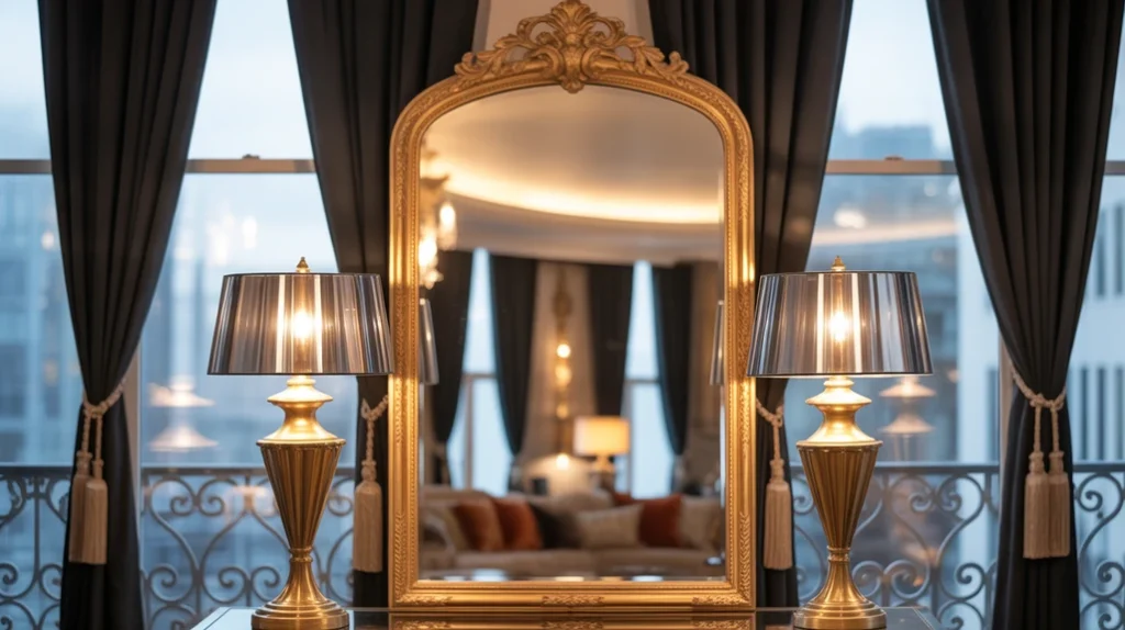 Mixed metal accents like brass, black, and gold elevating modern eclectic bedroom design.