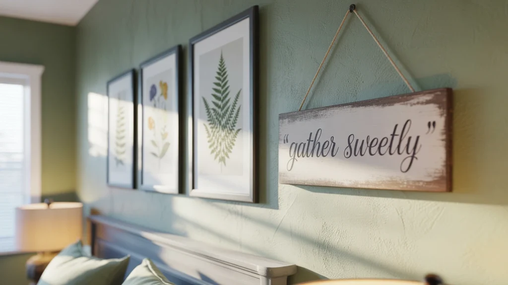 Botanical prints and rustic wooden wall art styled in a farmhouse bedroom.