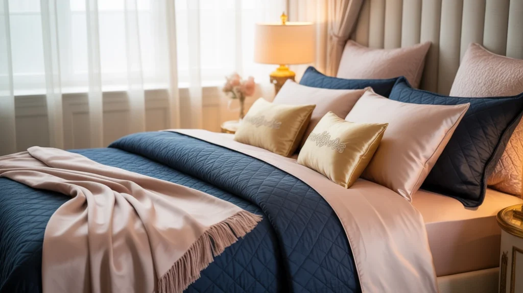 Navy blue and blush pink bedding, gold accents, soft romantic style.