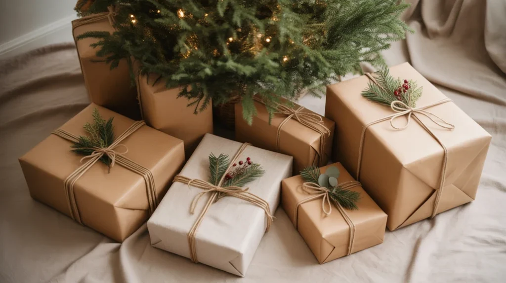 Neutral holiday gifts wrapped in kraft paper and linen fabric beneath a white Christmas tree.