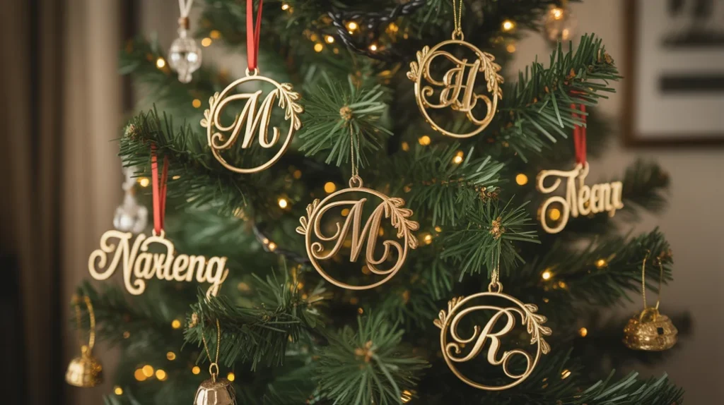 Personalized gold ornaments with names and initials for meaningful holiday decoration.